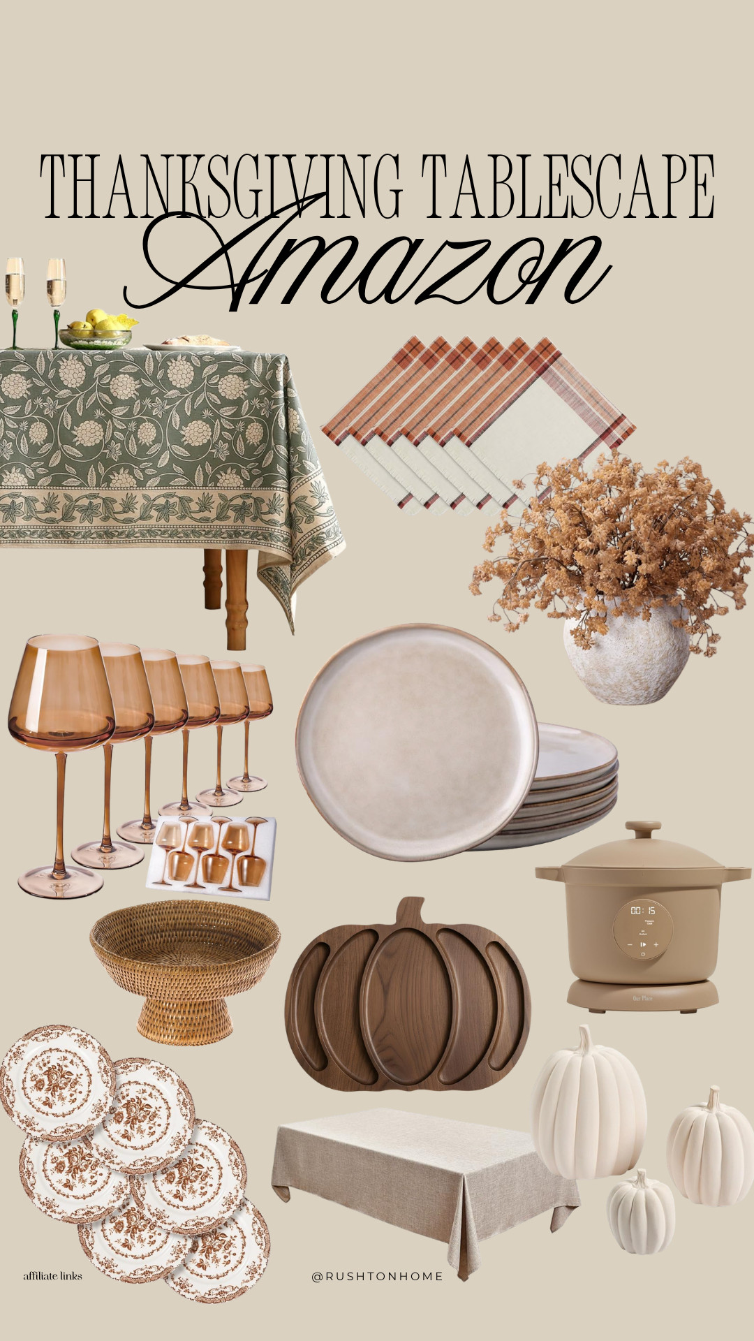 Amazon Thanksgiving decor, Amazon home finds, Thanksgiving tablescape, Thanksgiving table decor, fall tablescape, fall table setting, Thanksgiving hosting ideas, Thanksgiving dinner table, autumn table decor, fall tablecloth, Thanksgiving napkins, neutral dinnerware, brown wine glasses, rattan serving bowl, pumpkin serving board, wooden pumpkin tray, fall floral centerpiece, neutral pumpkins, Thanksgiving entertaining, cozy fall hosting, Amazon fall decor, Thanksgiving Amazon finds, fall kitchen finds 

 #LTKSeasonal #LTKHome