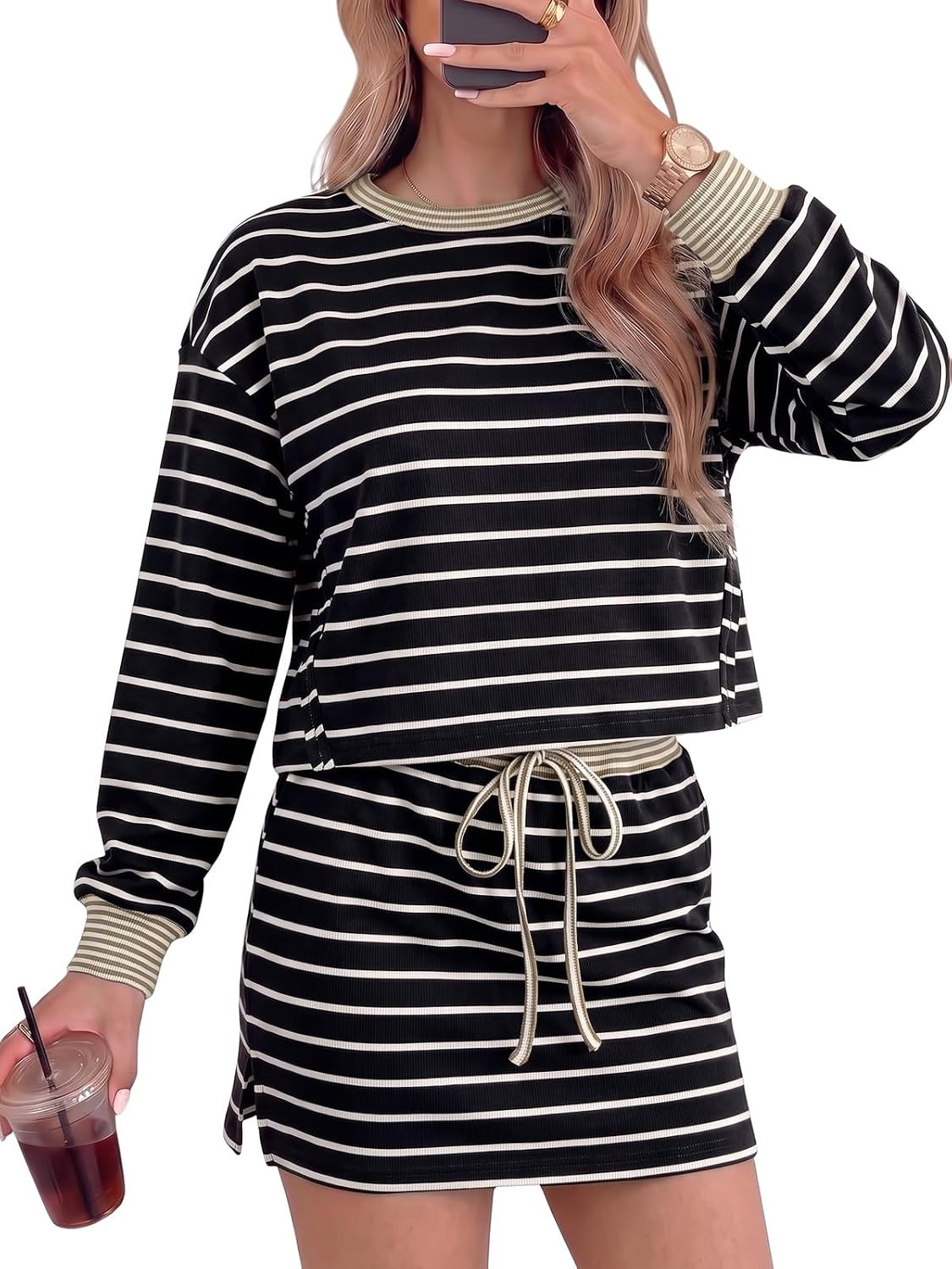 Fisoew Womens 2 Piece Striped Matching Sets Casual Skort Sets Outfits | Amazon (US)