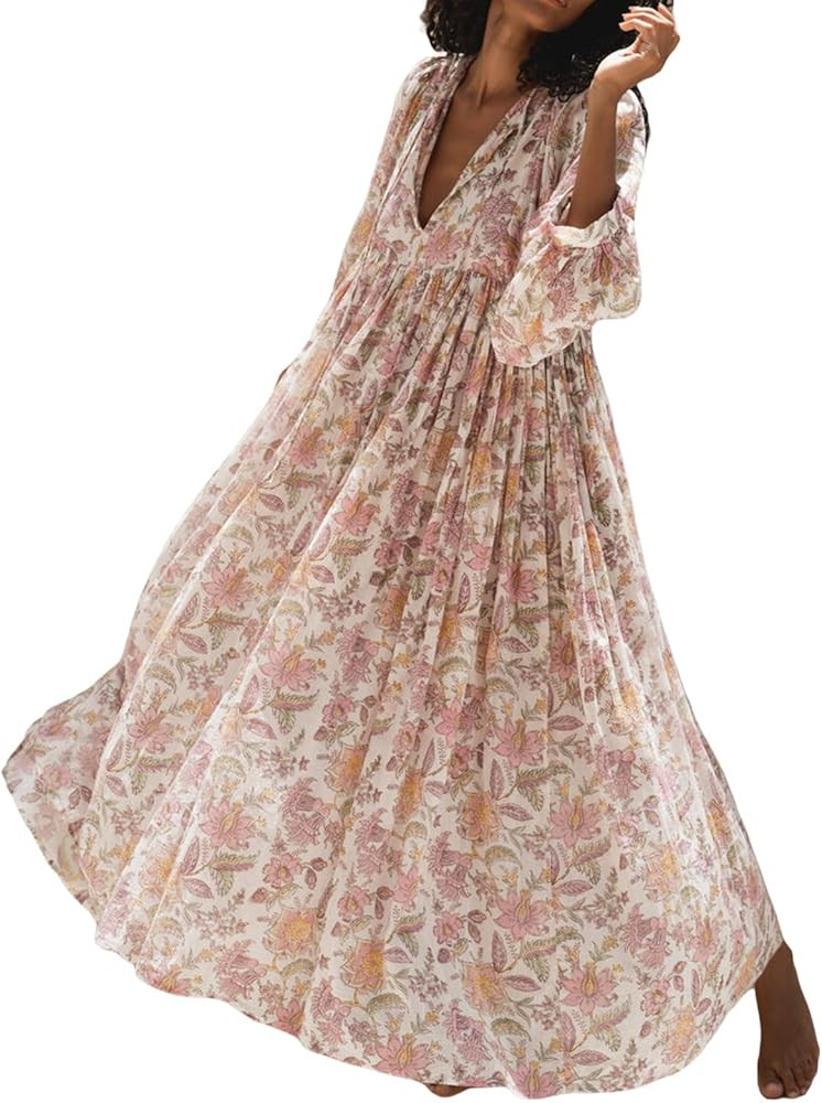 Women Floral Maxi Dress Boho Printed 3/4 Lantern Sleeve V Neck Maternity Dress Beach Loose Sundre... | Amazon (US)
