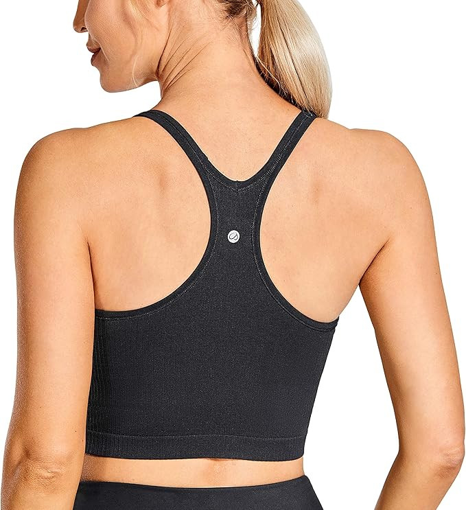CRZ YOGA Women's Longline Seamless Ribbed Sports Bra Padded Wireless Racerback Yoga Bras Crop Tan... | Amazon (US)
