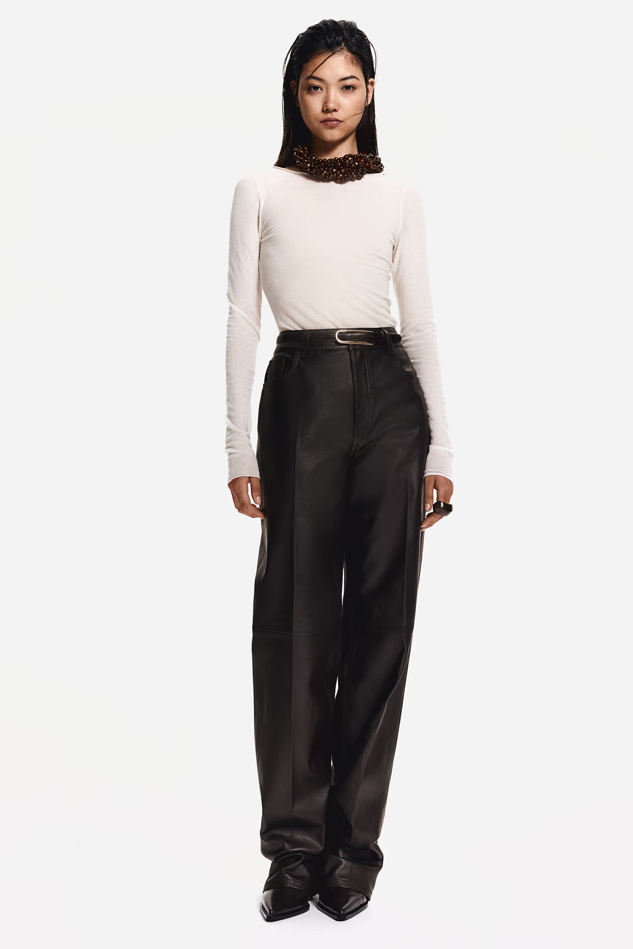 Straight Leather Pants - Regular waist - Long - Dark brown - Ladies | H&M US | H&M (US + CA)