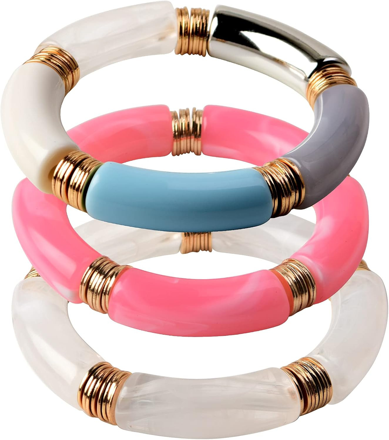 GOOJIDS Bamboo Tube Bangles Bracelet Chunky Curved Stacking Clear Acrylic Colorful Beads Stretcha... | Amazon (US)