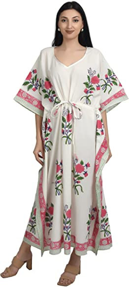 Fabric Venue Women's Ethnic Hand Block Print Cotton Maxi Kaftan Nightwear Dress Beach Wear Dress ... | Amazon (US)