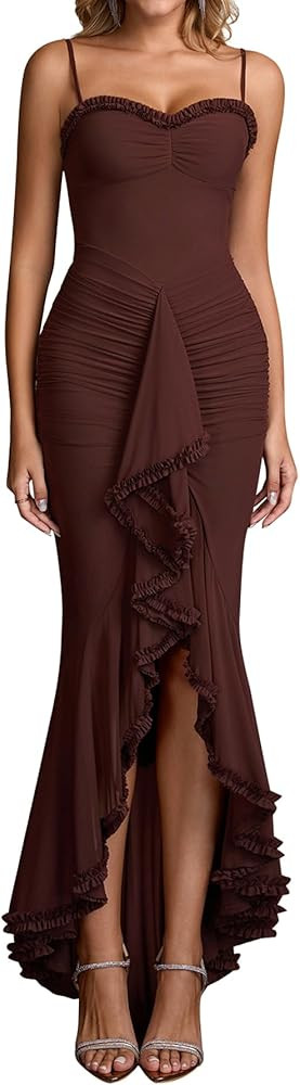 KUTUMAI Elegant Ruffle Long Formal Wedding Guest Dress Ruched Bodycon Slit Maxi Cocktail Dresses ... | Amazon (US)