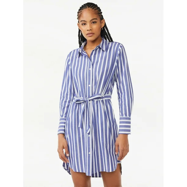 Free Assembly Women's Cinched Waist Mini Shirt Dress with Long Sleeves - Walmart.com | Walmart (US)