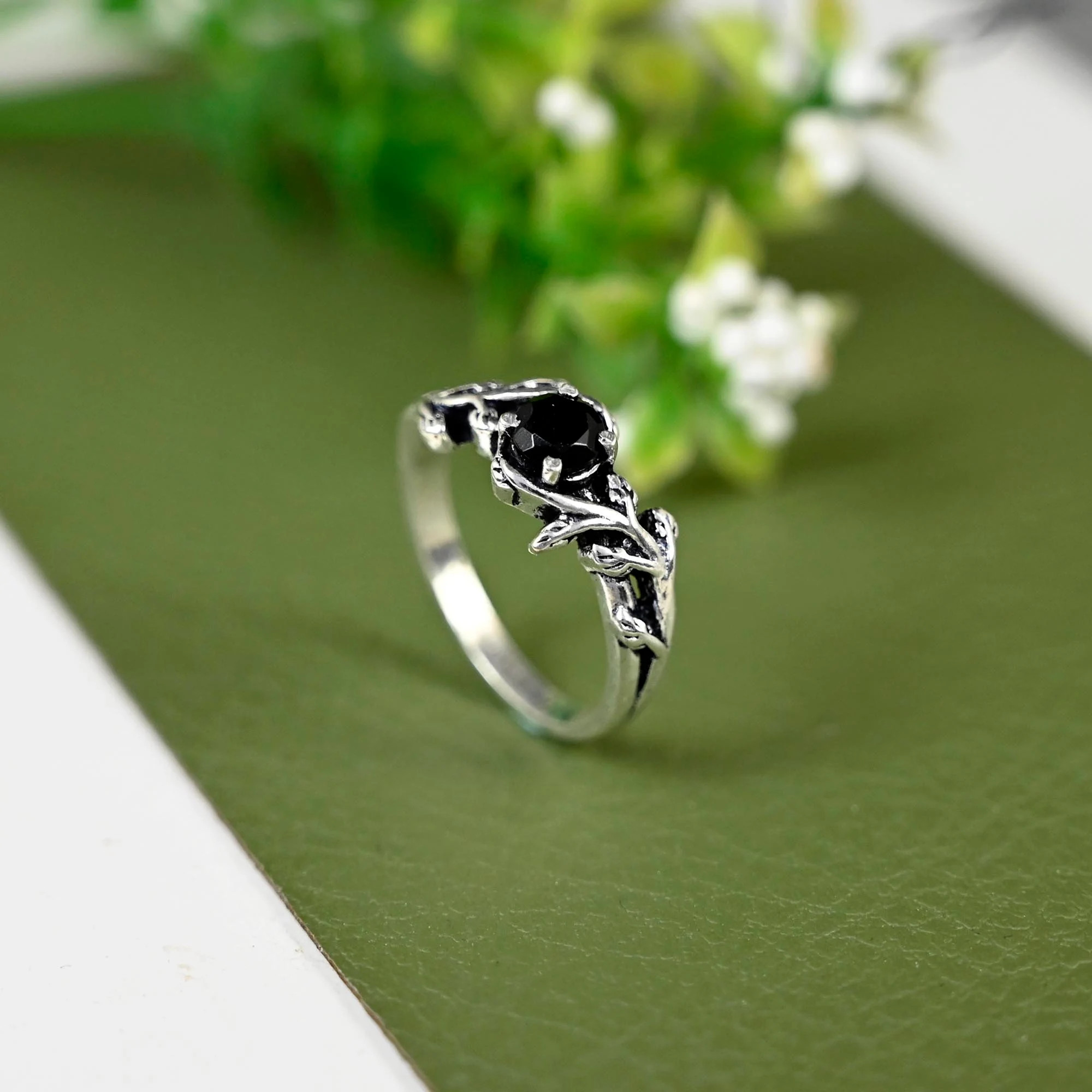 Black Tourmaline Silver Leaf Ring: Dainty Stacking Jewelry | Etsy (Global)