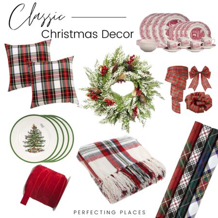 This classic Christmas decor is the perfect classic cottage look. Tartan plaids, red velvet ribbon  and Christmas dishes complete the look.

#LTKSeasonal #LTKHoliday #LTKhome