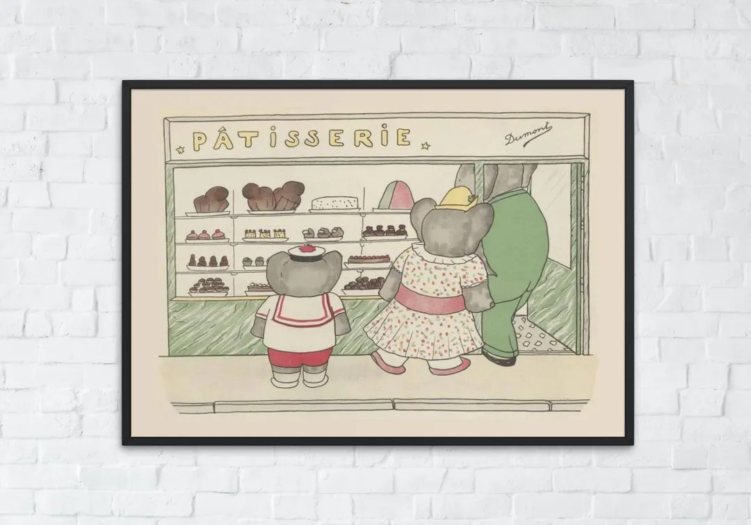 Babar the Elephant Patisserie Art, Vintage French Nursery Decor, Children's Storybook Wall Art, D... | Etsy (US)