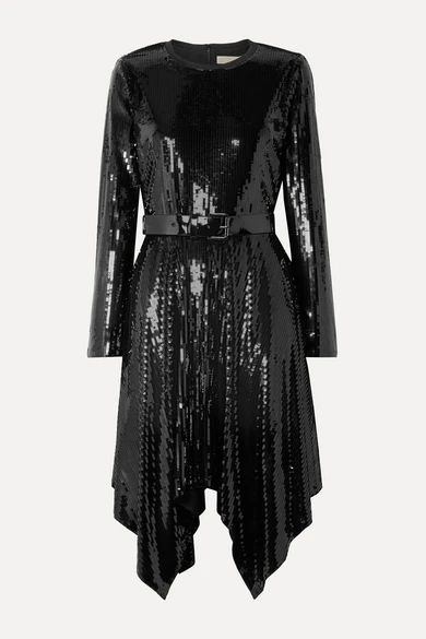 Asymmetric belted sequined georgette dress | NET-A-PORTER (UK & EU)