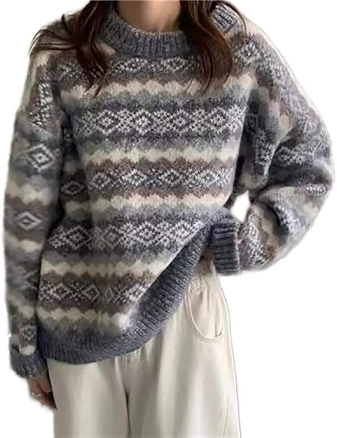 Women's Argyle Print Pullover Aztec Western Sweater Crewneck Grandpa Sweaters Vintage Aesthetic F... | Amazon (US)