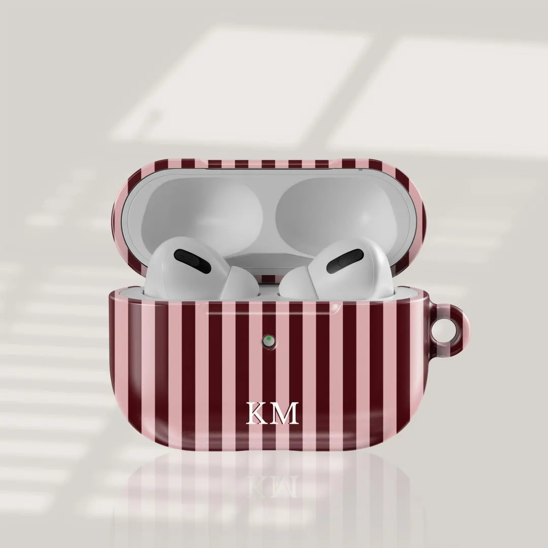 Burgundy & Pink Stripe AirPod Case Personalized Initial Name AirPods Pro 2, AirPod 4 Case Cover, ... | Etsy (US)