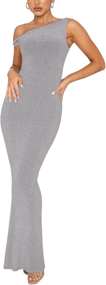 REORIA Women's Summer Sexy One Shoulder Formal Long Dress Wedding Guest Elegant Sleeveless Ribbed... | Amazon (US)