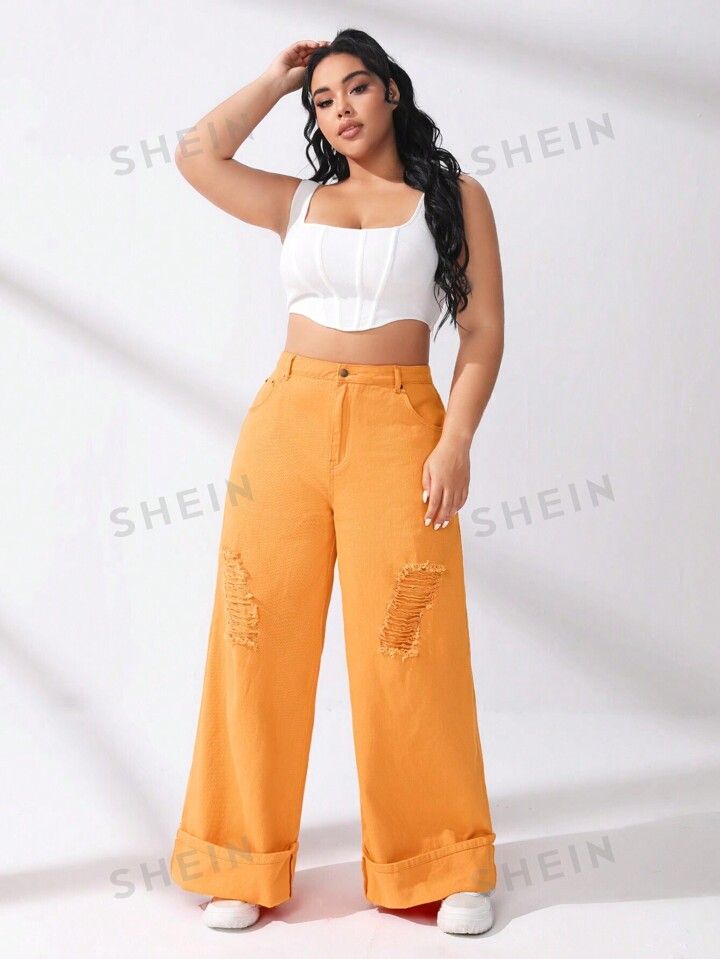 Audrey Ion Plus Ripped Wide Leg Jeans | SHEIN