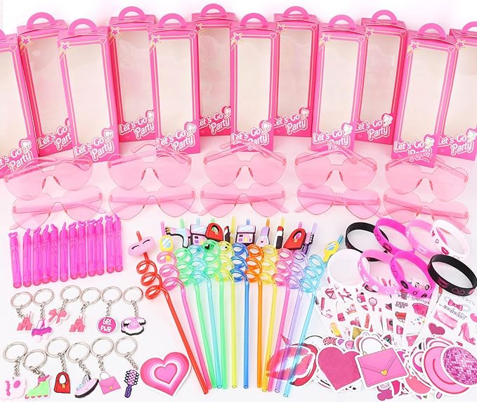 132Pcs Pink Girls Party Favors Pack, Goodie Box Stuffers Includ Heart Glasses Straws Bubble Wands... | Amazon (US)