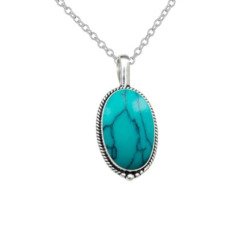 Turquoise Pendant Necklace for Women Silver Plated Oxidized Handmade Southwestern Jewelry Genuine Blue Gemstone Necklace for Women Minimalist Boho Oval Locket December Birthstone Gift | Amazon (US)