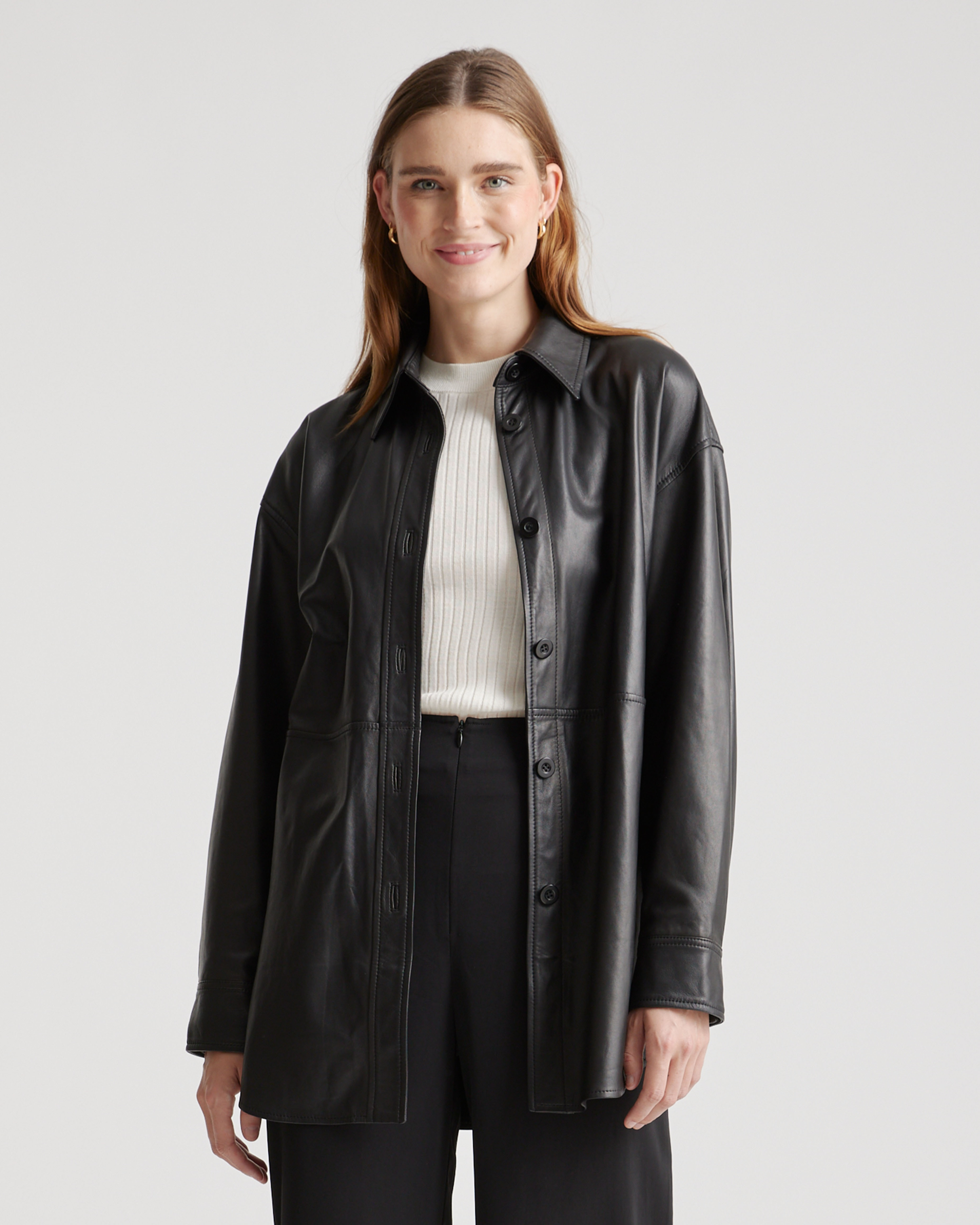Quince | Women's Shirt Jacket in Black, Size Medium, Leather | Quince