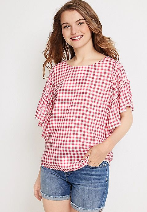 Pink Gingham Flutter Sleeve Blouse | Maurices