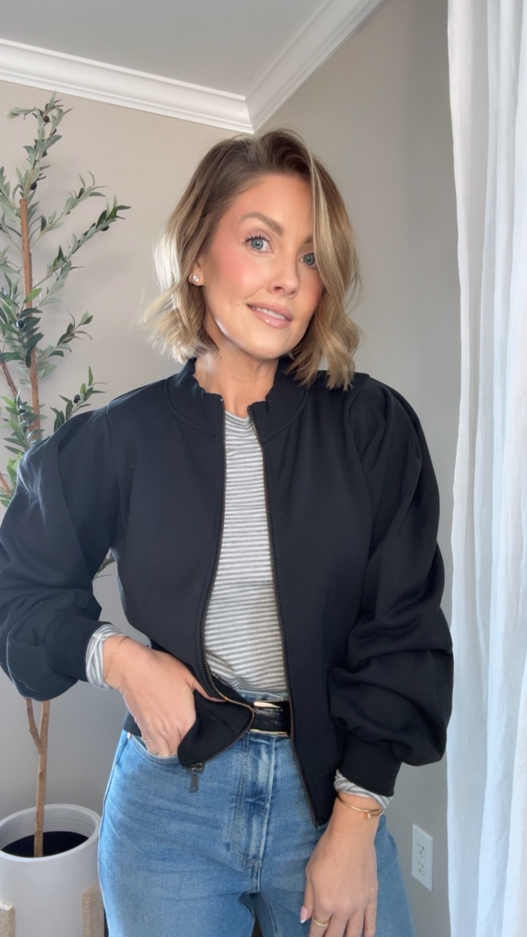 XS jacket / XS long sleeve tee / jeans run true to size 

#LTKPetite #LTKOver40 #LTKootd