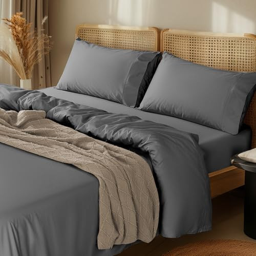 LBRO2M 1000 Thread Count 100% Cotton Sheets Set,Queen Size Bed Sheet 4 Piece Sets,Long Staple,16 Inches Deep Pocket,All Season,Bedding Super Soft Comforterble Breathable,Sateen (Dark Grey) | Amazon (US)
