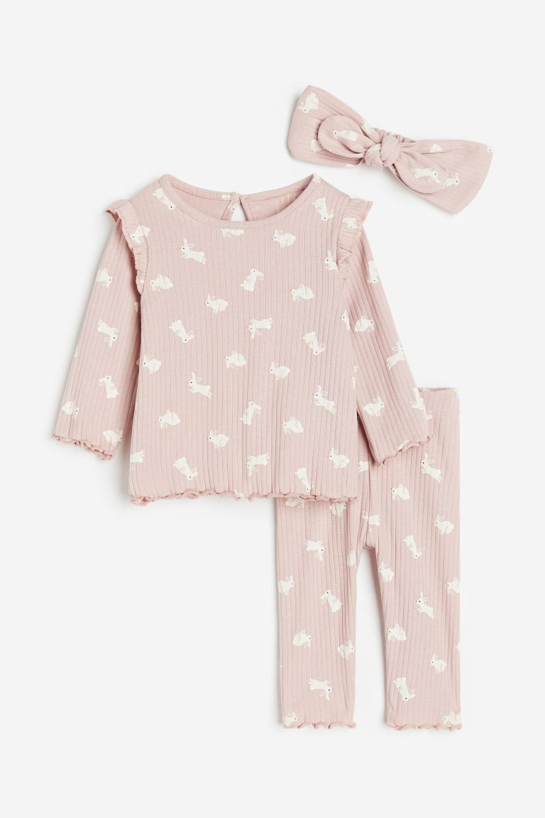 3-teiliges Geripptes Set - Mattrosa/Kaninchen - Kids | H&M DE | H&M (DE, AT, CH, NL, FI)