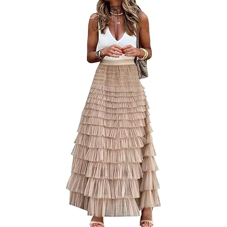Women's Layered Long Maxi Tulle Skirts, High Waisted A Line Ruffle Tiered Layered Mesh Tutu Petti... | Amazon (US)