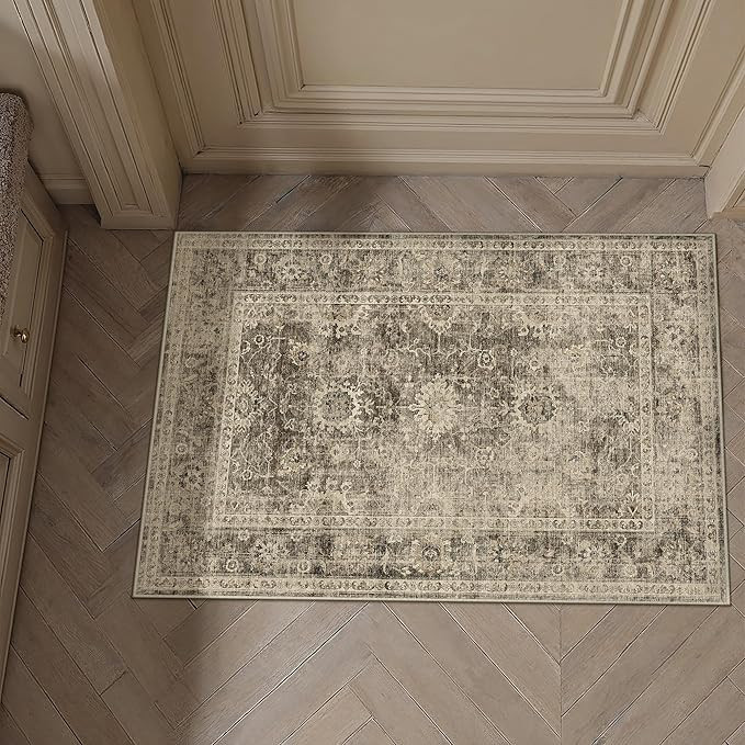 2x3 Washable Area Rug for Entryway Brown Vintage Non-Slip Low Pile Distressed Rustic Carpet Light... | Amazon (US)