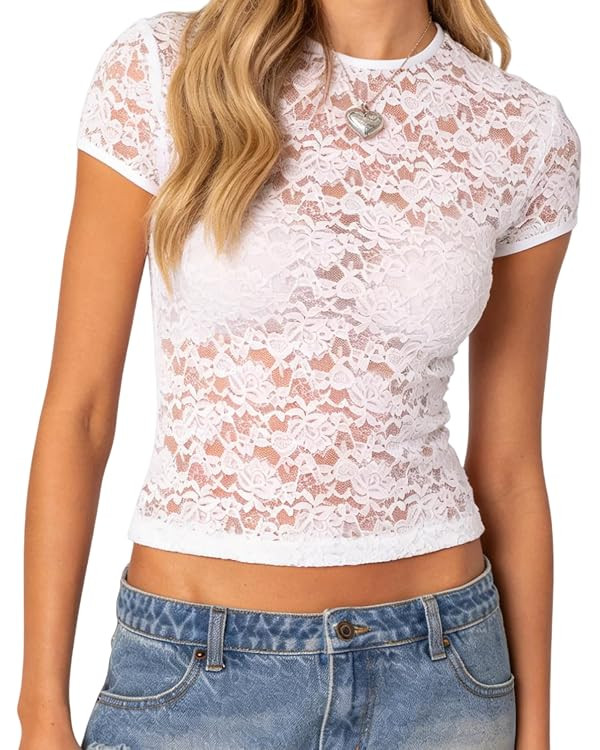 Seyumixi Women Sheer Lace Crop Top Short Sleeve Crew Neck Slim Fit Shirt See Through Mesh Lace La... | Amazon (US)