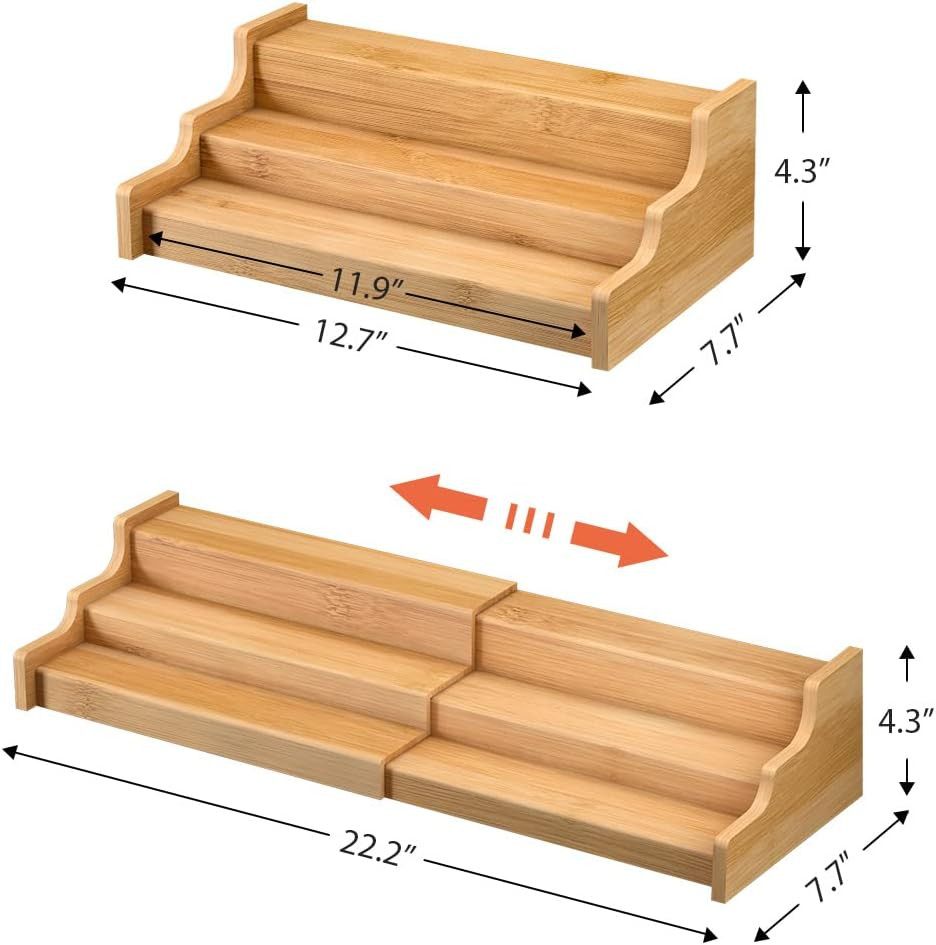 Spice Rack Kitchen Cabinet Organizer- 3 Tier Bamboo Expandable Display Shelf | Amazon (US)