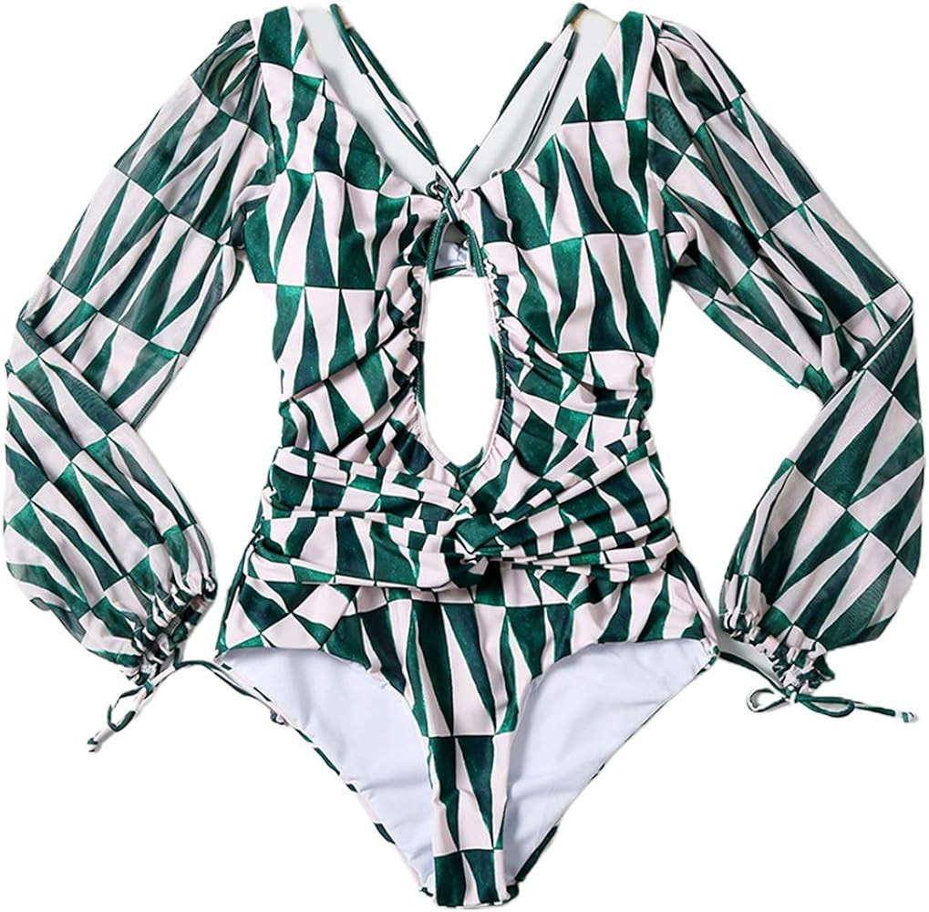 Women Sexy One-Piece Hollow Out Leaves Print Bikini Puff Sleeve V-Neck Swimsuit | Amazon (US)