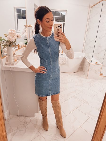 Denim dress outfits, abercrombie style, abercrombie fall finds 2023, knee high boots, otk boots, tan tall boots

#LTKfindsunder50 #LTKstyletip #LTKSeasonal