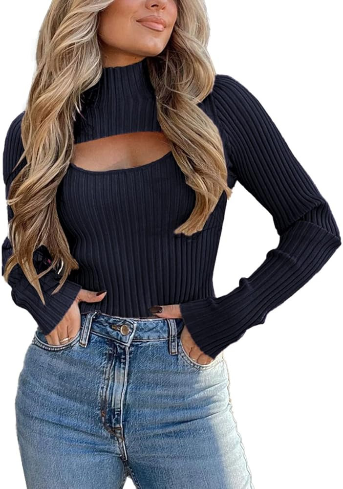 PRETTYGARDEN Women's 2022 Fashion Fall Clothes 2 Piece Cutout Tops Long Sleeve Mock Neck Rib Knit... | Amazon (US)