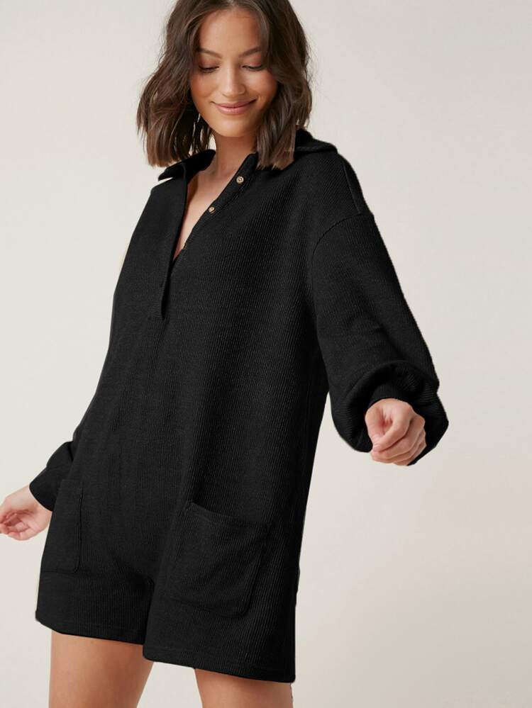 SHEIN Lantern Sleeve Pocket Front Button Half Placket Romper | SHEIN