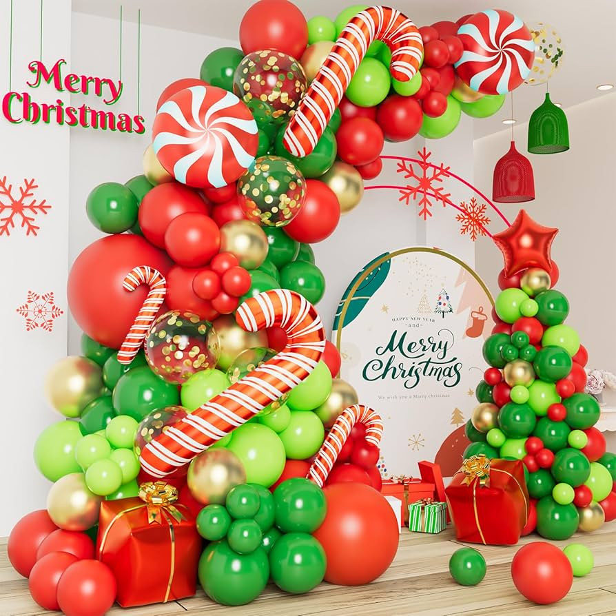 DBKL 138 Pcs Christmas Balloons Garland Arch Kit with Xmas Red Gold Green Balloons Candy Cane Gif... | Amazon (US)