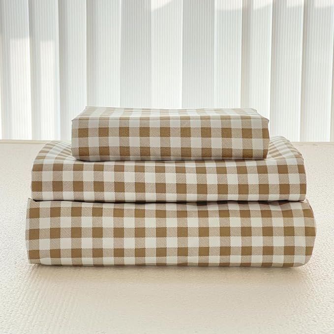 Tan Gingham Twin Sheet Set, Soft Brushed Microfiber Taupe Plaid Twin Bed Sheets, 3-Pieces Brown K... | Amazon (US)