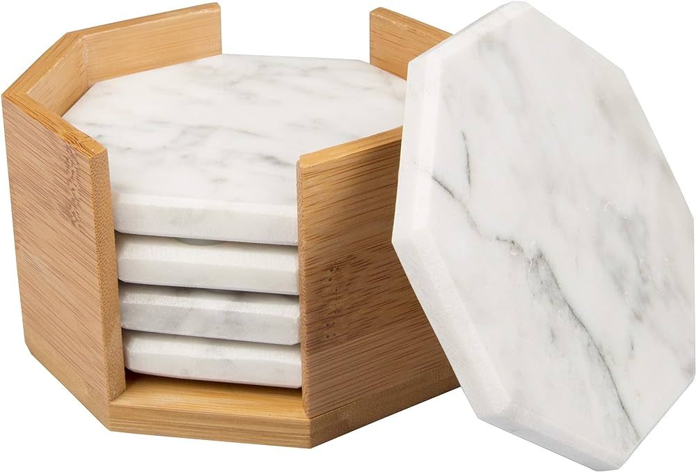 White Carrara Marble Coasters (Set of 5) - Thick Coasters w Coaster Holder for Easy Storage - Pro... | Amazon (US)