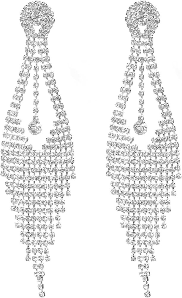 Rhinestone Earrings Dangling for Women Sparkly Silver Dangle Earrings Girls Long Chandelier Earrings Tassel Lightweight Ear Studs Cubic Zirconia (KE001S-W) | Amazon (US)
