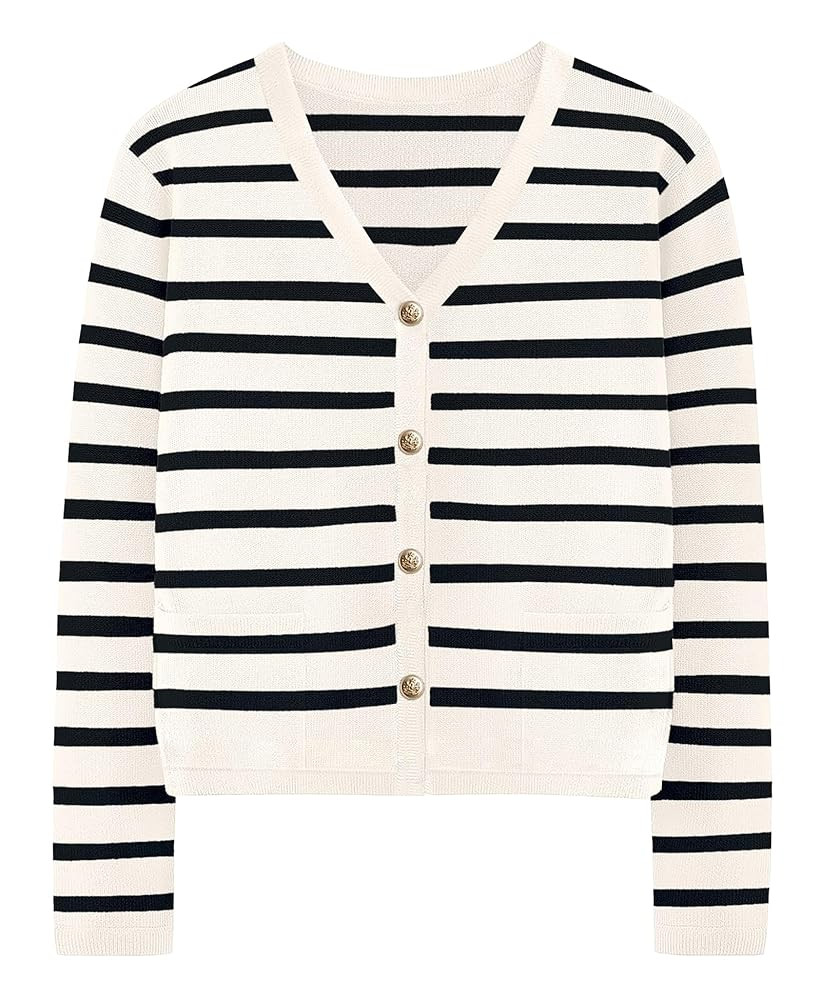 Women's Striped Cardigan Sweaters - Long Sleeve Button Down V Neck Knit Cardigans Classic Casual ... | Amazon (US)