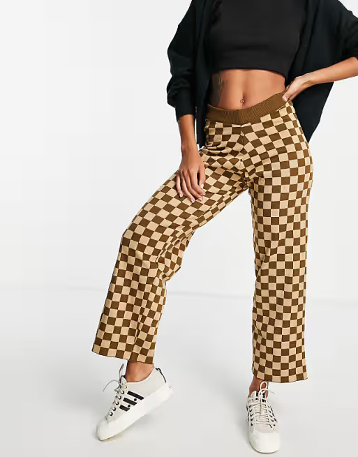 Daisy Street relaxed wide leg trousers in brown checkerboard knit co-ord | ASOS (Global)