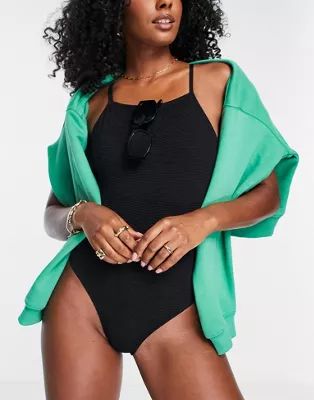 Topshop crinkle square neck high leg swimsuit in black | ASOS (Global)