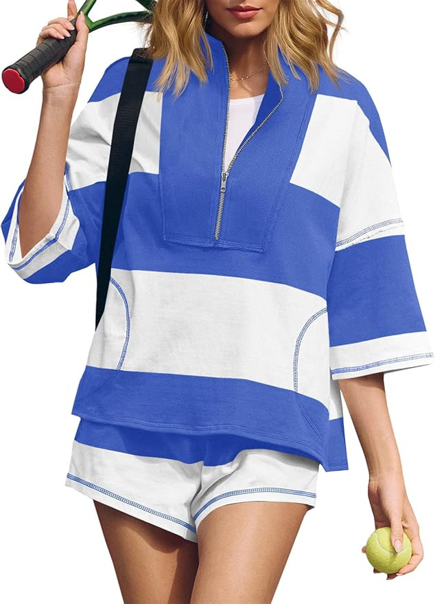 Fisoew Womens 2 Piece Outfits Summer Striped Sweatshirt Workout Shorts Sets Matching Lounge Set T... | Amazon (US)