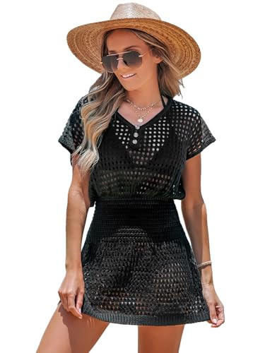 CUPSHE Women Swimsuit Coverup Crochet Short Sleeve V Neck Bathing Suit Beach Dress Cruise Outfits for Women 2025 Black, XS | Amazon (US)