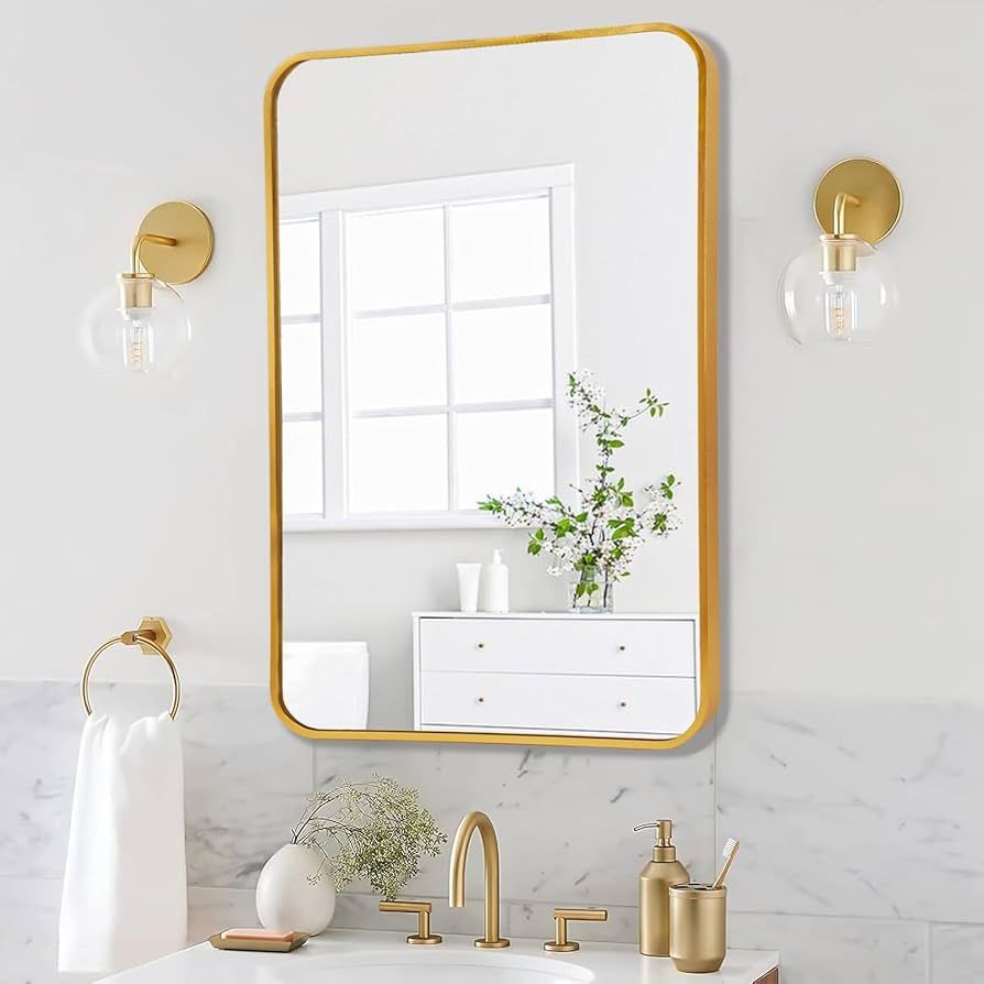 Amazon.com: rozycher Gold Btahroom Mirror 20x30 Inch, Rectangle Mirror with Metal Frame, Gold Van... | Amazon (US)