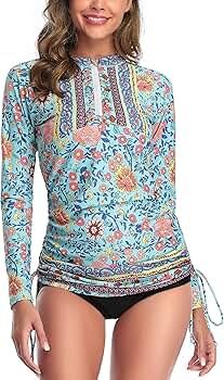 Caracilia Women's Long Sleeve Half-Zip Sun Protection Rashguard Side Adjustable Swim Shirt | Amazon (US)