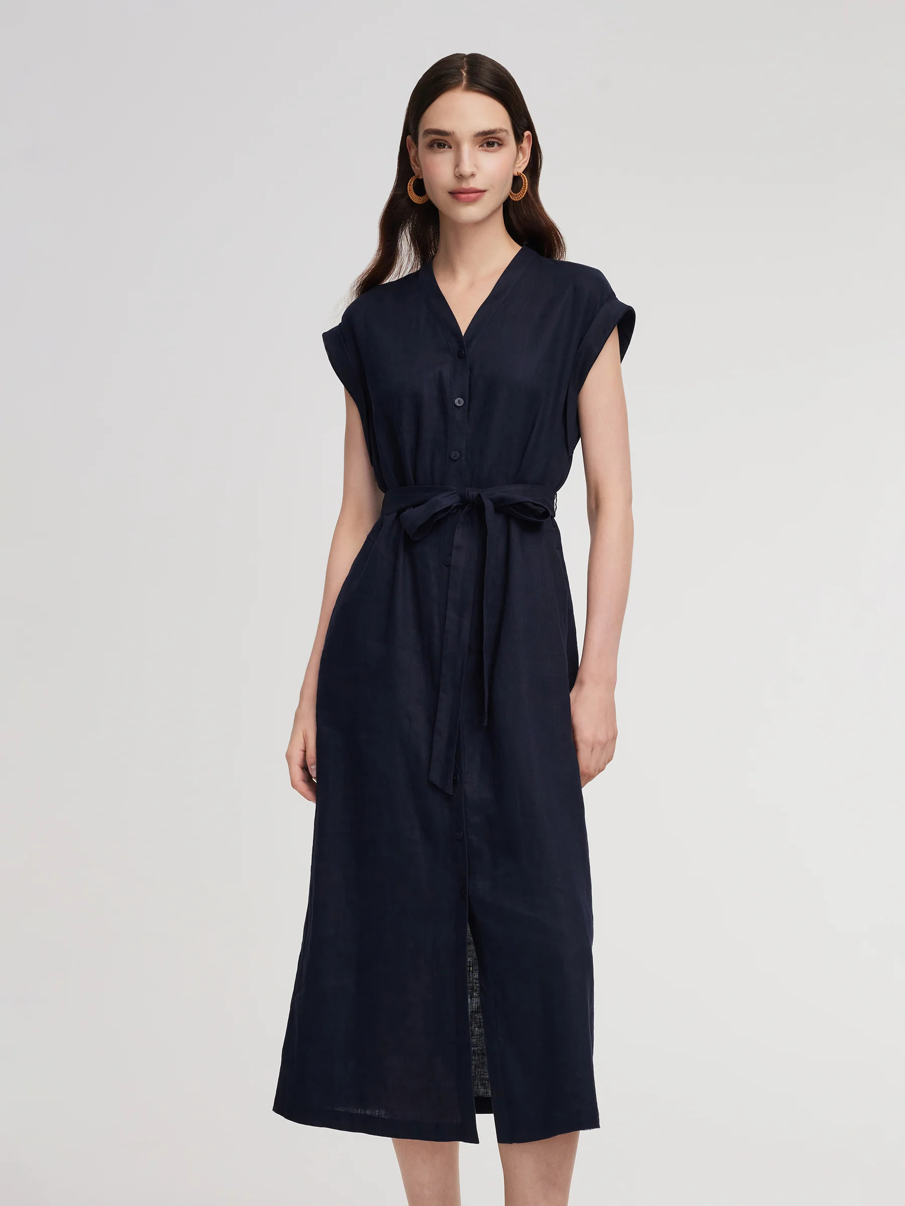 100% Linen V-Neck Women Self-Tie Belt Maxi Dress With Skirt Lining | GOELIA