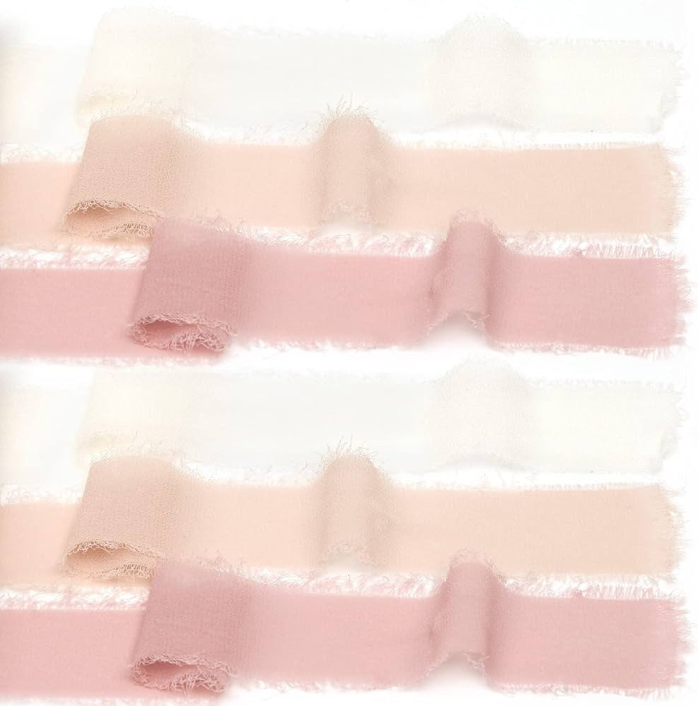 Chiffon Ribbon 24 Yards, 6 Rolls 1.5 Inch x 4Yd Fringe Silk Like Ribbon, Handmade Blush Pink Nude... | Amazon (US)