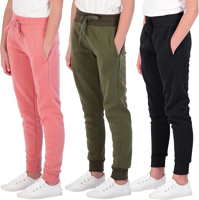 Real Essentials 3 Pack: Girls' Fleece Joggers Soft Athletic Performance Casual Sweatpants(Ages 7-... | Amazon (US)