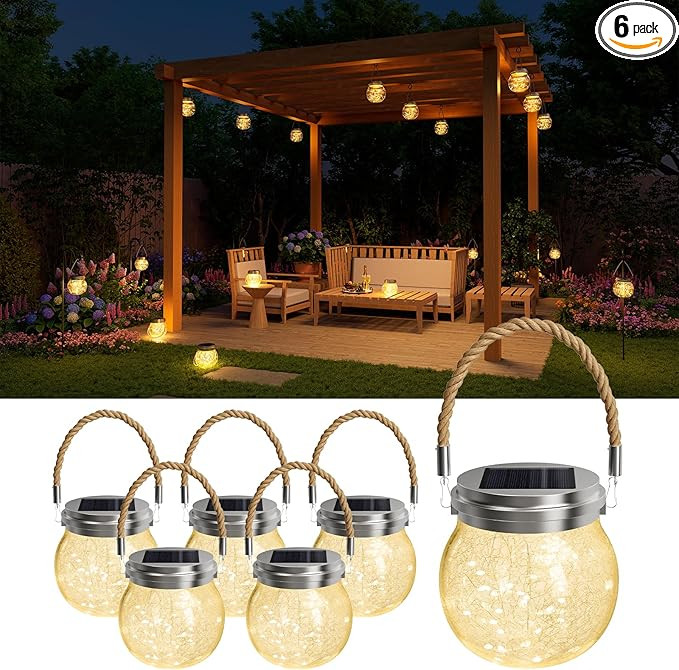 6 Pack Solar Powered Crackle Glass Ball Lantern Outdoor Waterproof Clear Sphere Hanging Lights fo... | Amazon (US)