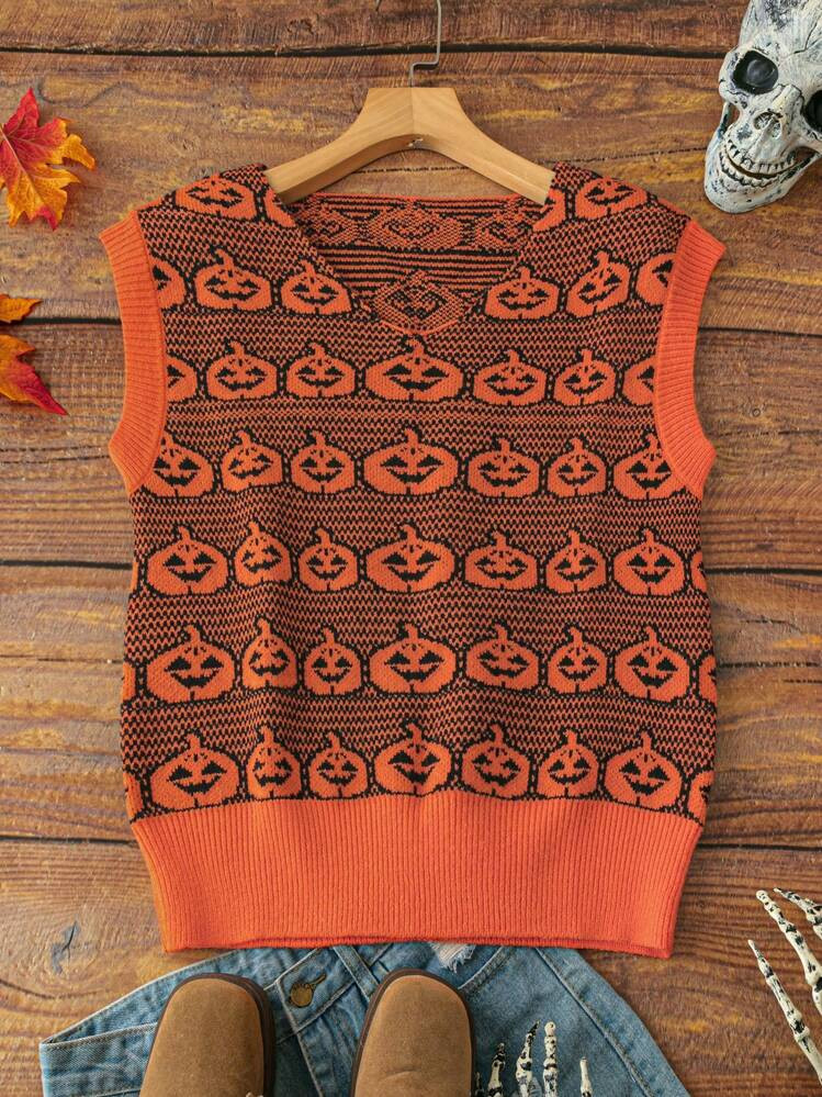 Halloween Plus Size Pumpkin Pattern Knitted Vest, Casual Autumn | SHEIN