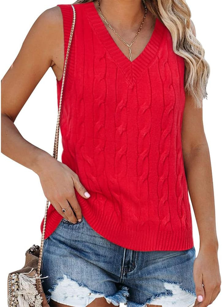 Fisoew Women's Sleeveless V-Neck Vintage Sweater Knitted Vest Casual Preppy Style | Amazon (US)