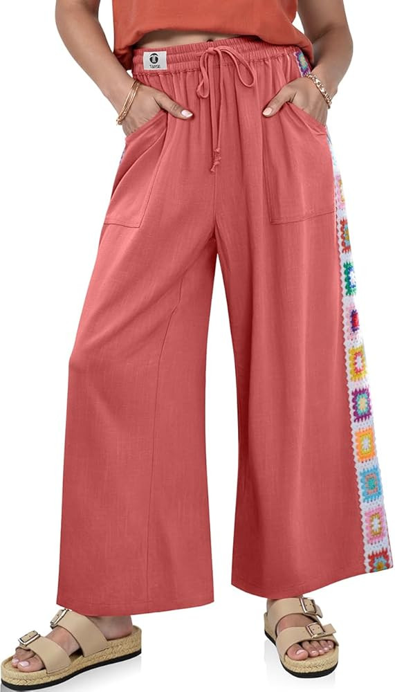 TARSE Womens Wide Leg Linen Pants Summer Casual Drawstring Loose Lounge Palazzo Crochet Panel Pan... | Amazon (US)